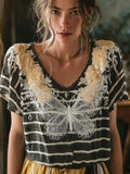 Butterfly Flower Embroidery Patchwork Striped Design Women's Summer Linen T-shirt