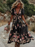 Women's Vintage Rose Embroidery Art Comfy Linen Maxi Dress