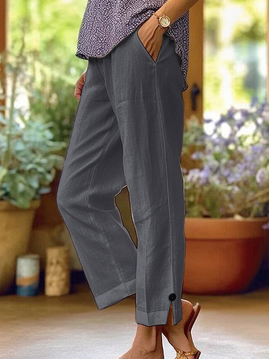 Women's Cotton-linen Solid Color Elastic Waist Pockets Straight Leg Loose-fit Casual Trousers
