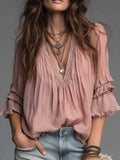 Women's V-neck Cotton And Linen Shirt