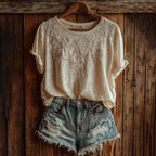 Women's Retro Lace Floral Embroidery Casual Short-sleeve T-shirt