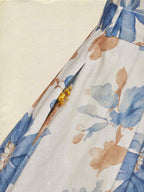 Midi Cotton Dress, Half Sleeve, Round Neck, Floral, Belt Design, Vintage, Khaki