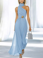 Stylish Light Blue Dress with Unique Neck Design and Gold Waist Detail
