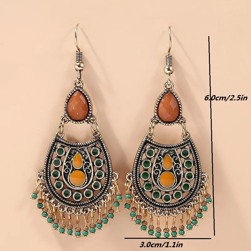 Bohemian Birthstone Beaded Tassel Drop Dangle Earrings Silver Plated Vintage Decor Party Holiday Gift For Women 1Pair