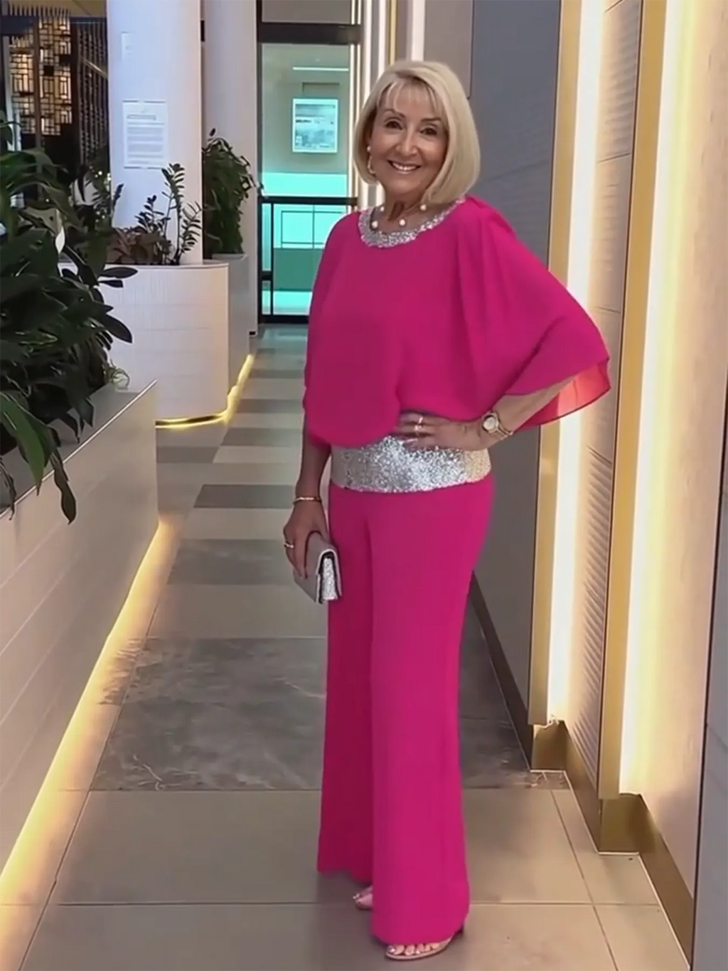 Shine Bright Pink Gorgeous Outfit with Sequins Wedding Tunic Party Suit  Chiffon Opaque Soft Fabric Two Piece Set