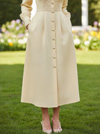 Midi Cotton Dress, Long Sleeves, Stand Collar, Plain, Lace, French Vintage, Beige