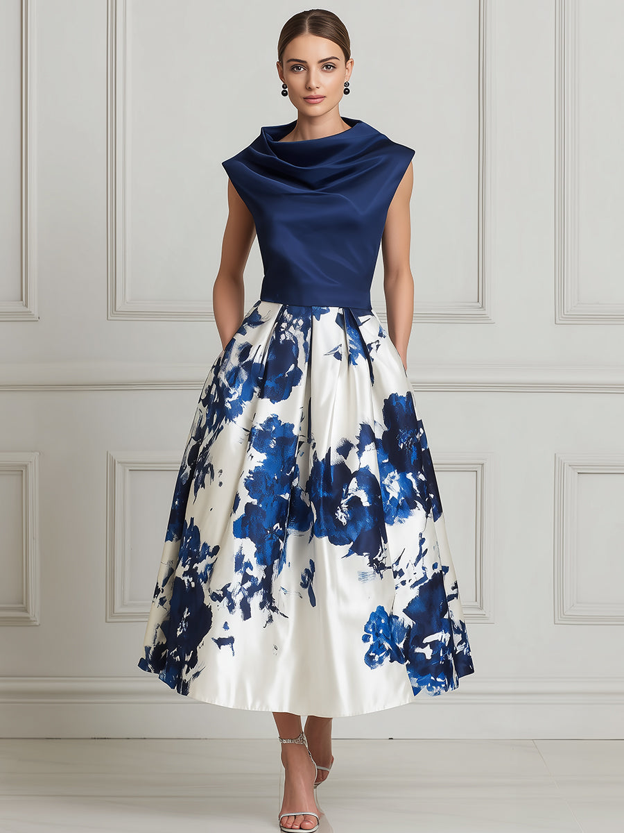 Elegant Floral Satin A-Line Midi Dress