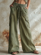 Olive Green High-Waist Wide-Leg Cargo Pants With Drawstring Waist