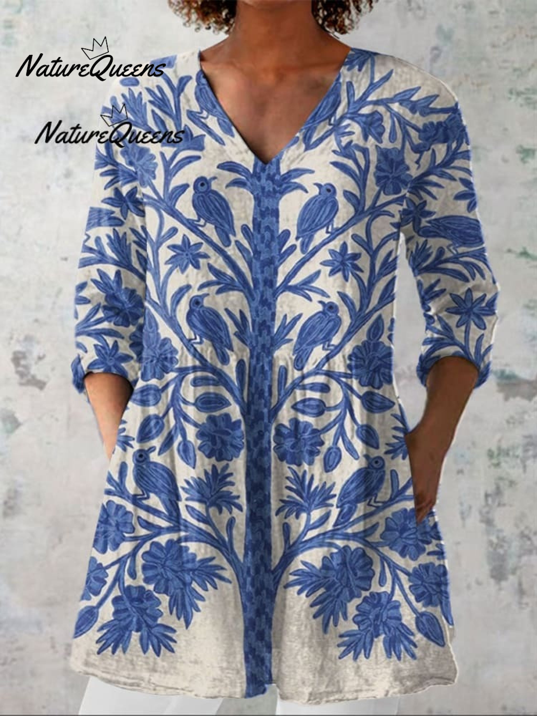 Women's  Vintage Floral Art Print Casual Linen V-neck Shirt