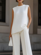 Sleeveless A Round Neck Top & High Waist Split Wide Leg Pants Two Piece Set