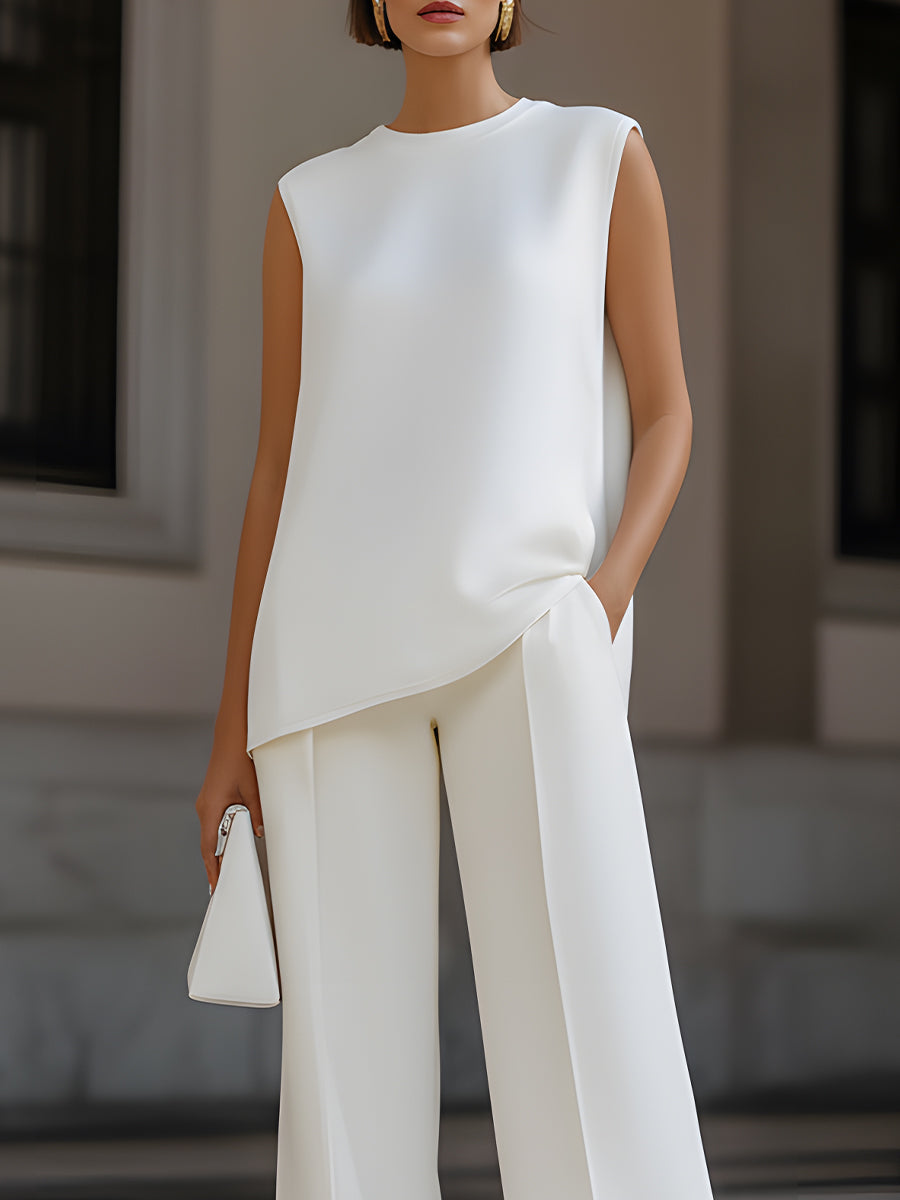 Sleeveless A Round Neck Top & High Waist Split Wide Leg Pants Two Piece Set