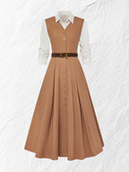 Maxi Linen Dress Set & Shirt, Long Sleeves, Shawl Collar, Plain, Button Design, French Vintage, Light Brown