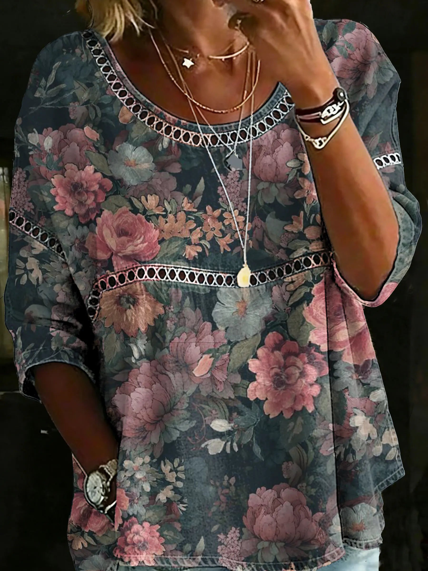 Women's Vintage Multicolor Ethnic Floral Art Casual Loose Denim Blouse Shirt