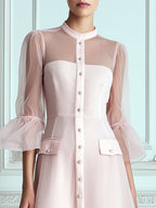 Blush Pink Sheer Flared 3/4‐Sleeve A‐Line Midi Dress