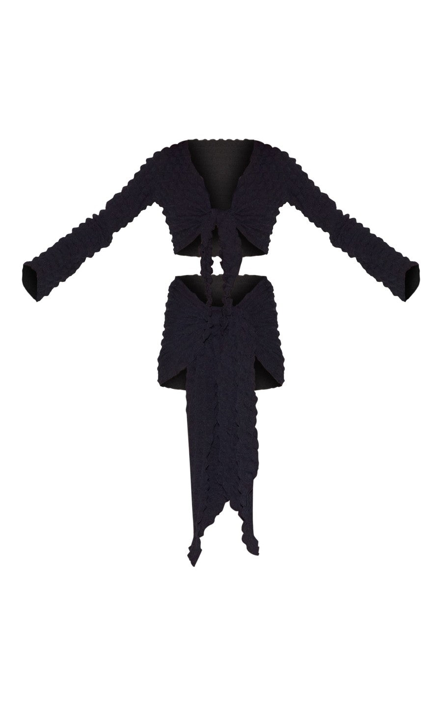 Black Bubble Texture Tie Front Top And Sarong Beach Set