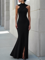 High-Neck Cross-Bodice Sleeveless Maxi Dress