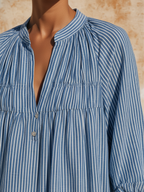 Blue & White Striped Linen Blend Midi Dress