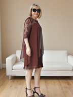 Elegant Lace Splicing Seven-quarter Sleeve Medium and Long Knee-length Chiffon