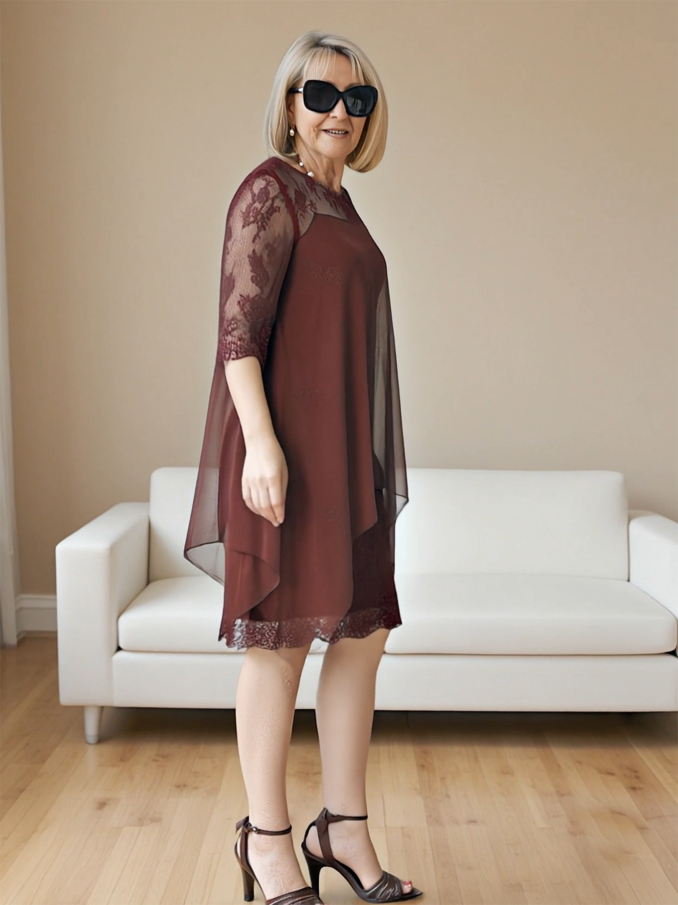 Elegant Lace Splicing Seven-quarter Sleeve Medium and Long Knee-length Chiffon