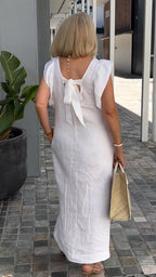 Casual Dress with Ruffle Sleeves,Back Adjustment Rope,Deep Pockets,Pure White Formal Dress, Evening Dress
