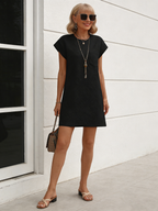 Textured Fabric Casual Sport Crew Neck Pocket Short Sleeve Loose Dress