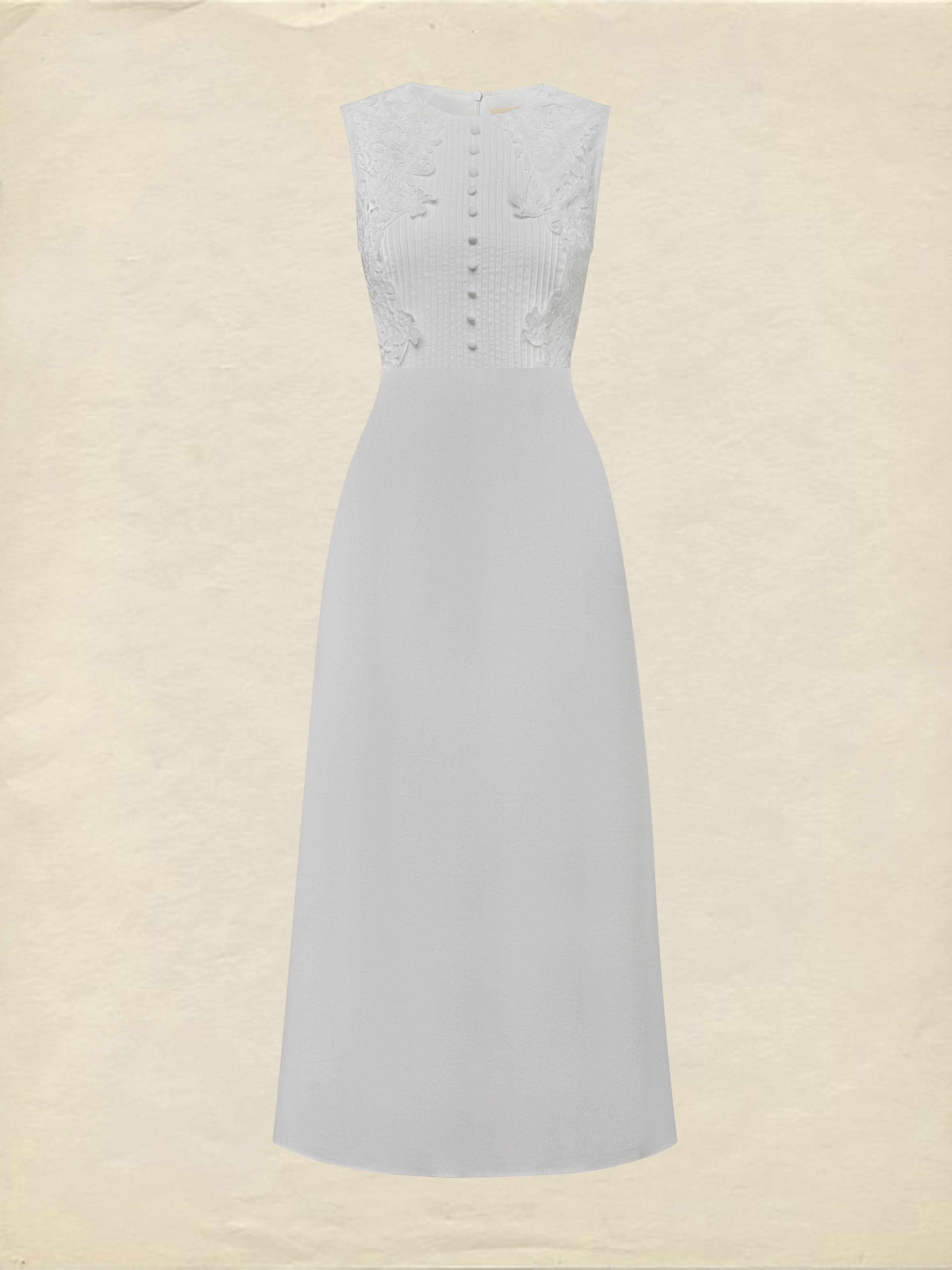 Midi Cotton Dress, Sleeveless, Round Neck, Plain, Lace, Vintage, White
