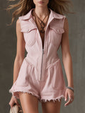 Casual Retro Pink Denim Sleeveless Shorts Jumpsuit