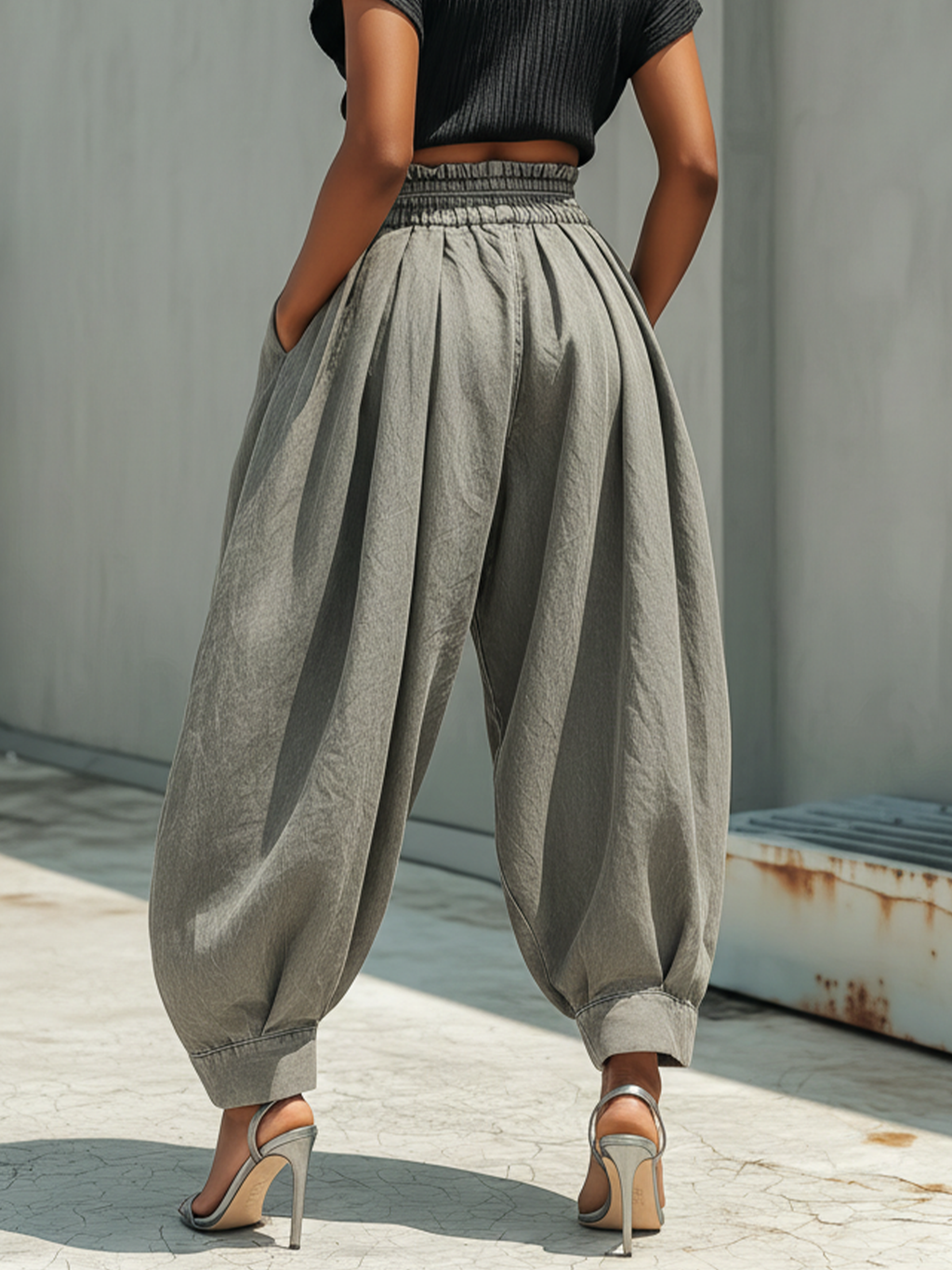 Washed Gray Denim Paperbag Waist Harem Pants