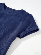 Crew Neck Cuffs Curled Solid Color Short Sleeve Pocket Dress