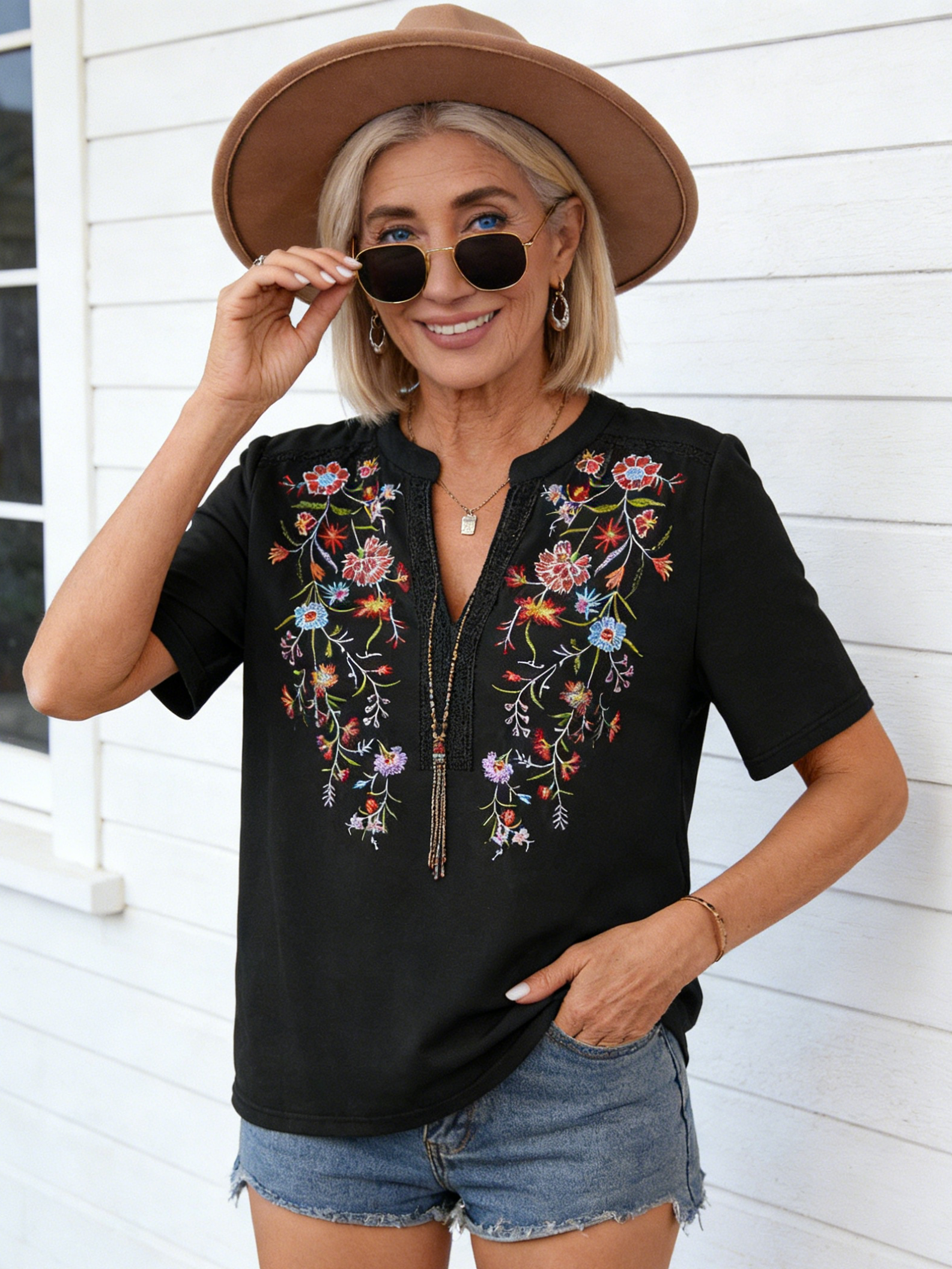 Embroidery Fashion 10,000 Needles Embroidery Splicing Lace Lace Top Women's T
