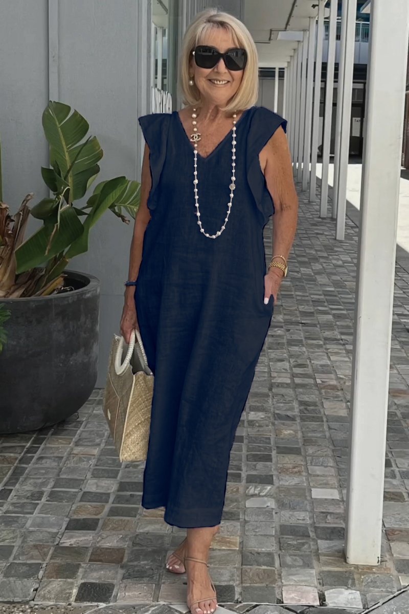 Casual Dress with Ruffle Sleeves,Back Adjustment Rope,Deep Pockets,Pure White Formal Dress, Evening Dress