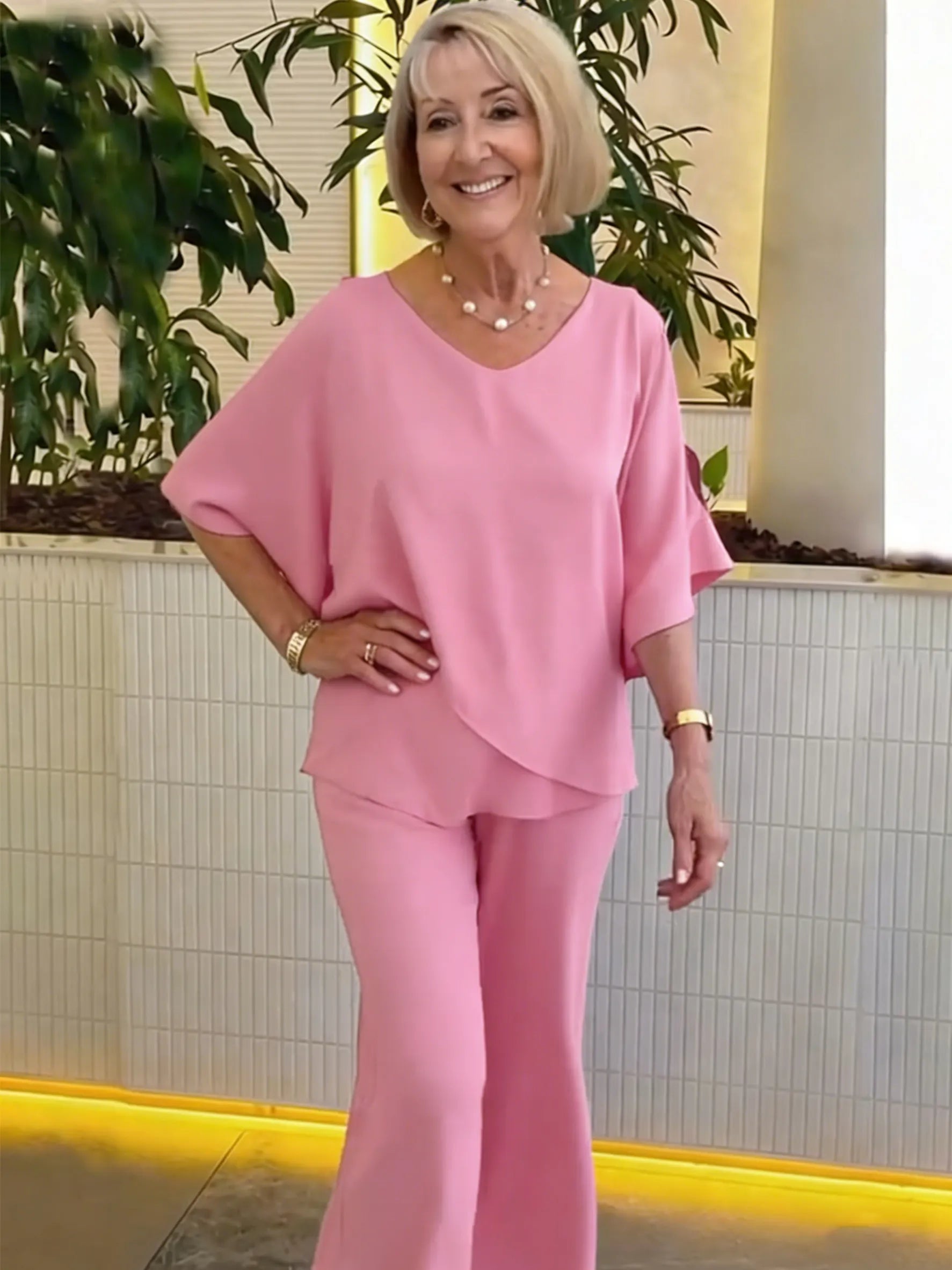2Pcs Gray Double Layer Tunic Pantsuit