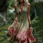 Vintage Gradient Rose And Floral Embroidered Linen Midi Dress