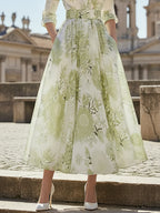 Maxi Linen Dress, Half Sleeve, Stand Collar, Floral, Vacation, Vintage, Lightgreen