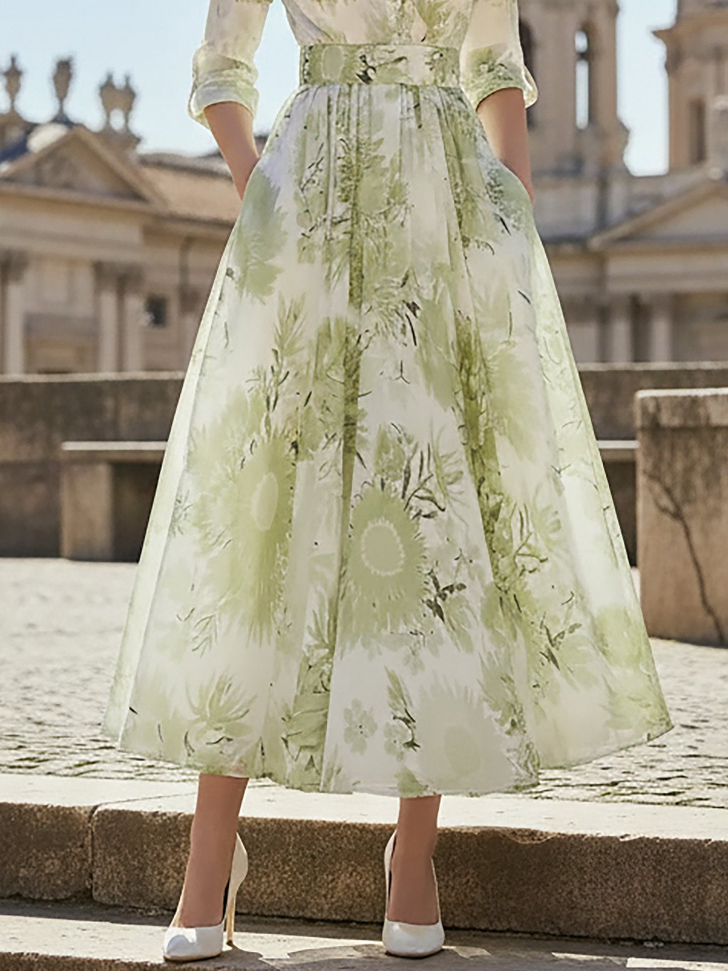 Maxi Linen Dress, Half Sleeve, Stand Collar, Floral, Vacation, Vintage, Lightgreen