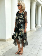 Black Floral Chiffon Midi Dress, Loose Tummy Hiding 3/4 Sleeve Printed Dress for Mature Women