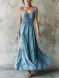 Light Blue Denim Smocked Tiered Maxi Dress