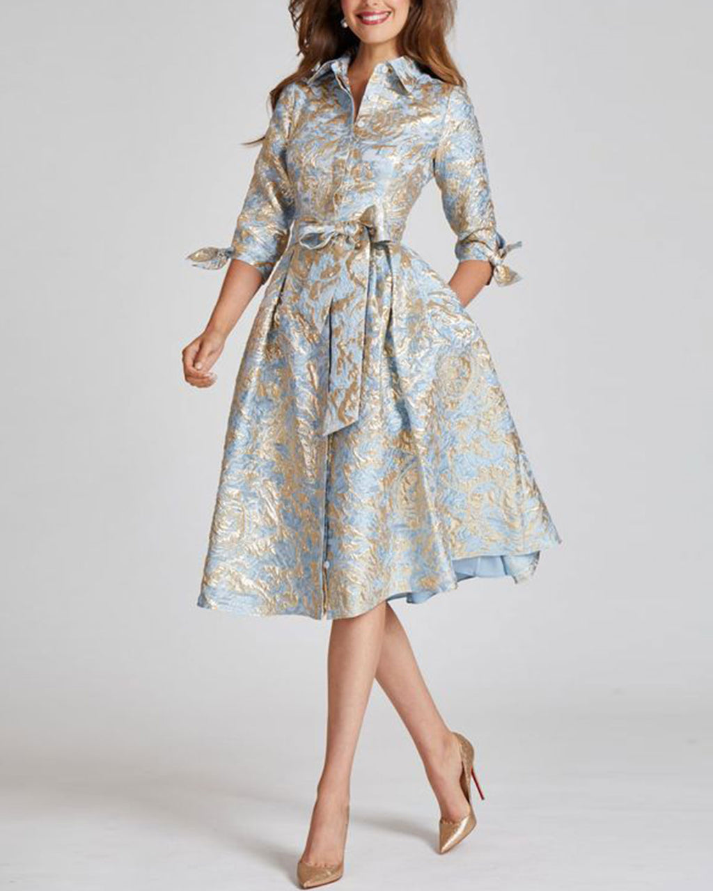 Metallic Pattern Jacquard Shirtdress