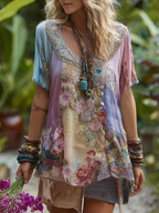 Classy Vintage Floral Splicing Cotton And Linen Short Sleeve T-shirt