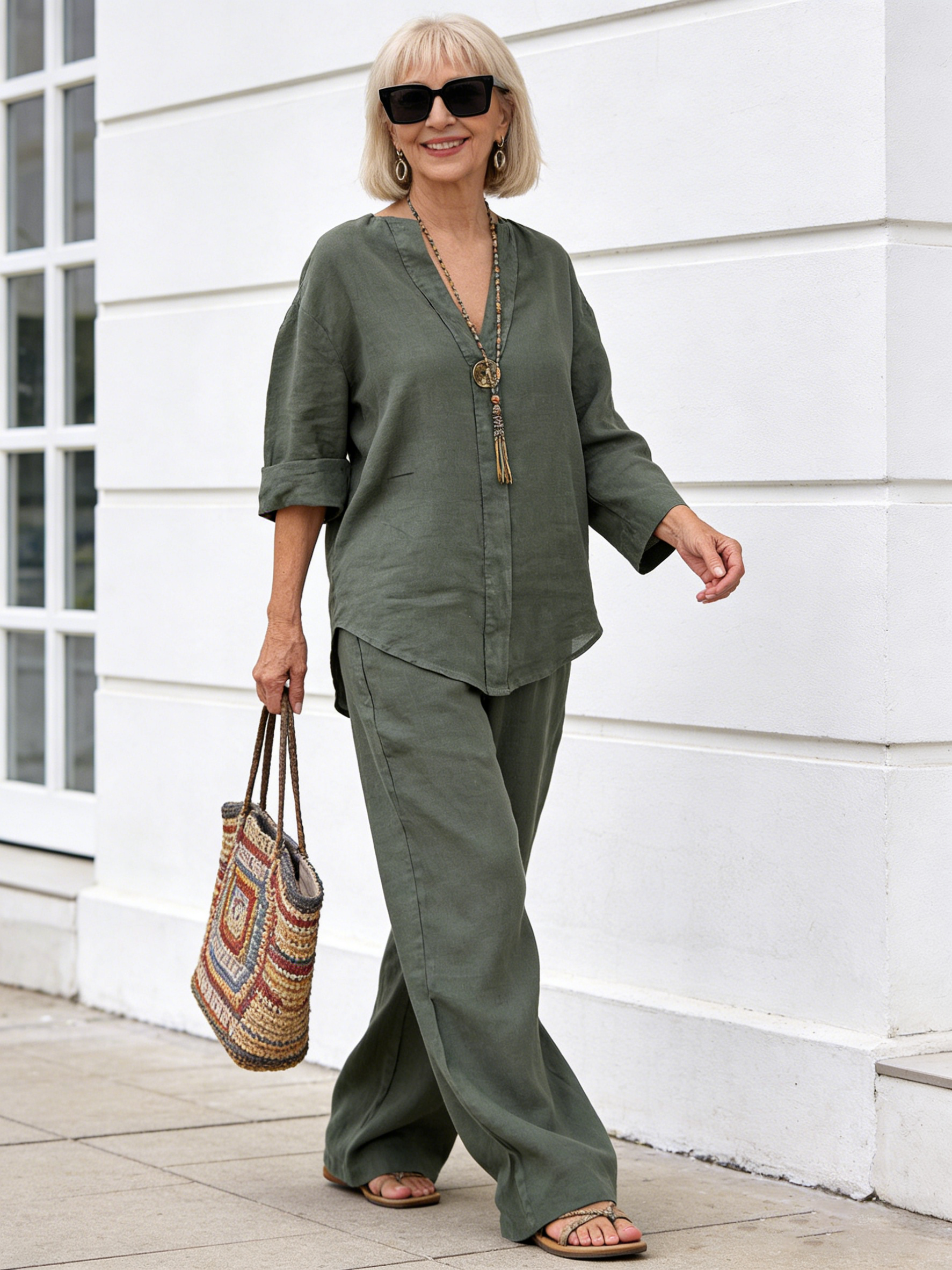 2Pcs Women's Comfortable Loose Top Wide Leg Pants Casual Cotton and Linen Set