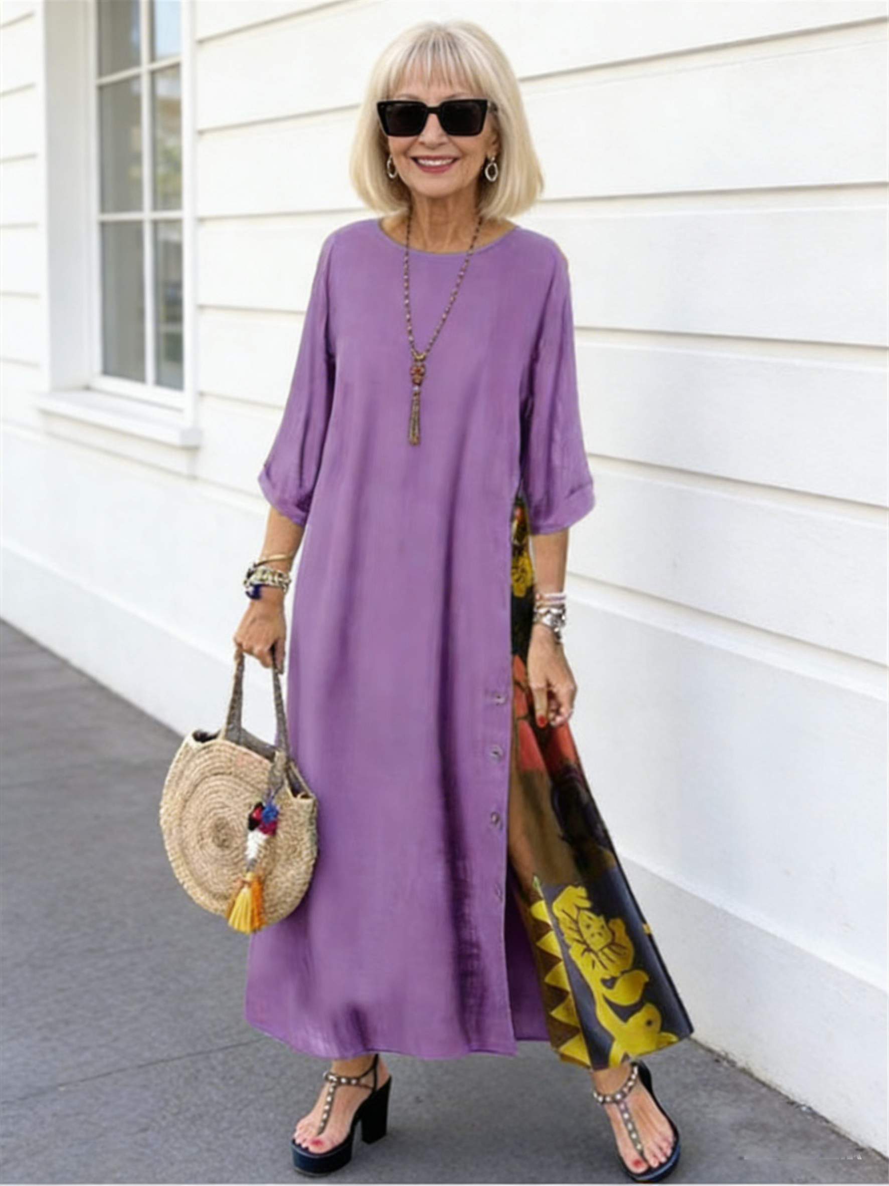 Floral round Neck Contrast Color Button Stitching 3/4 Sleeve Dress