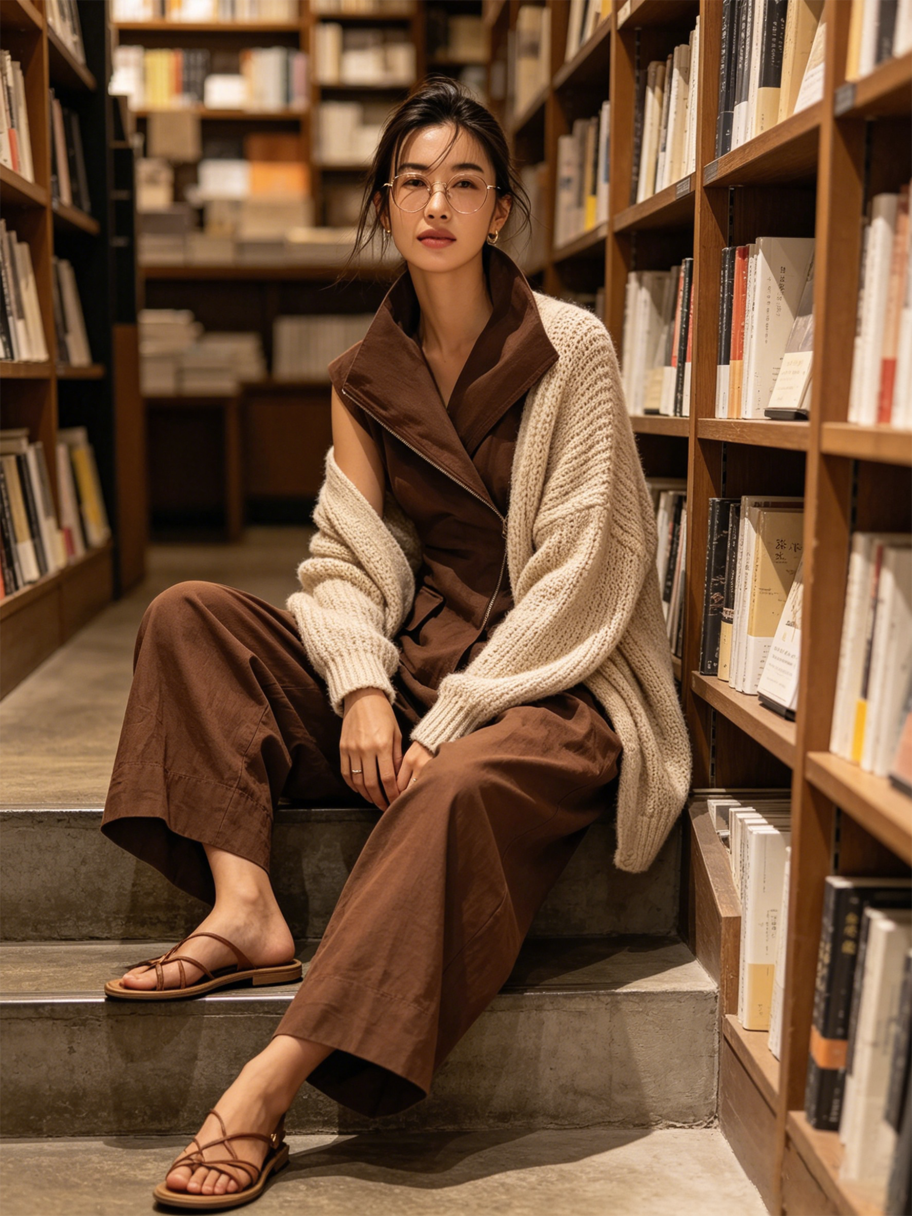 Chocolate Brown Cotton-Linen Blend Asymmetric Zip Vest & Barrel Pants Two-Piece Set