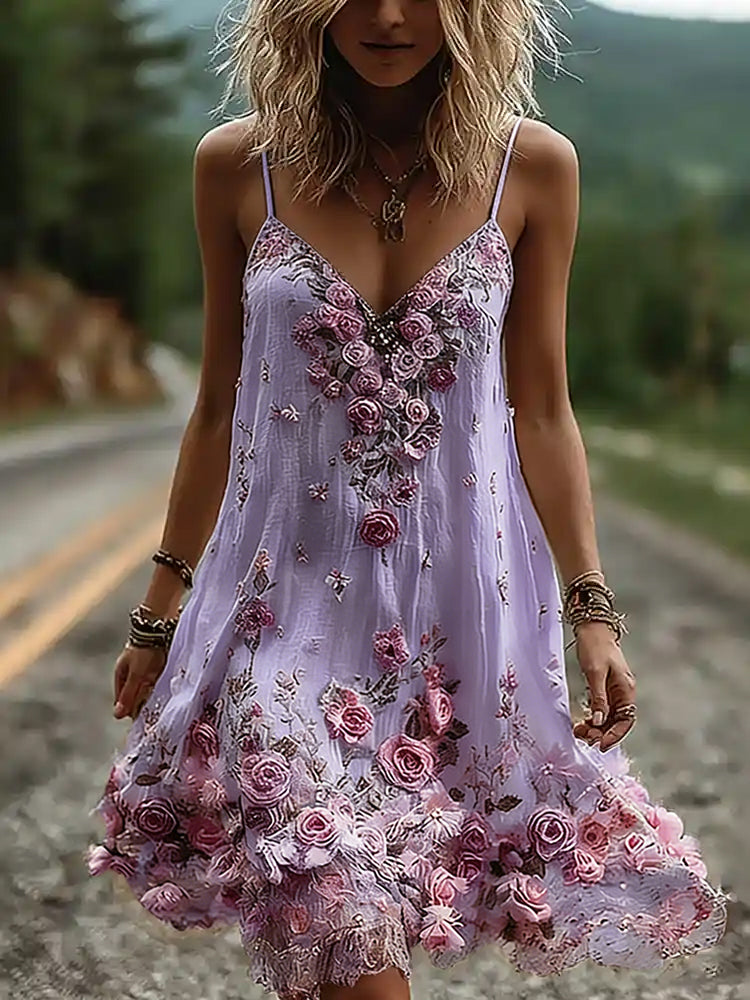 Vintage Boho Floral Embroidery Art Linen Mini Caimi Dress