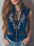 Zippered Boho Royal Blue Embroidered Velvet Vest