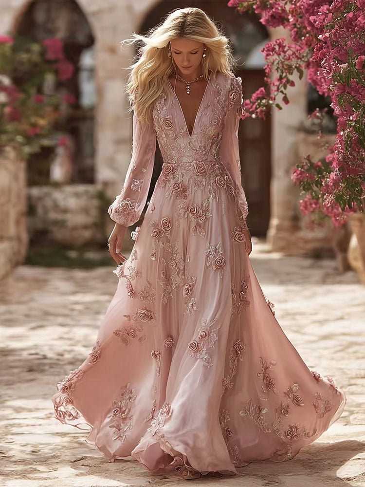 Boho Pink Roses Embroidered V Neck Flowy Maxi Dress