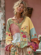 Women's Flower Embroidery Macaroon Color Patchwork Art V-neck Casual Sweatshirt