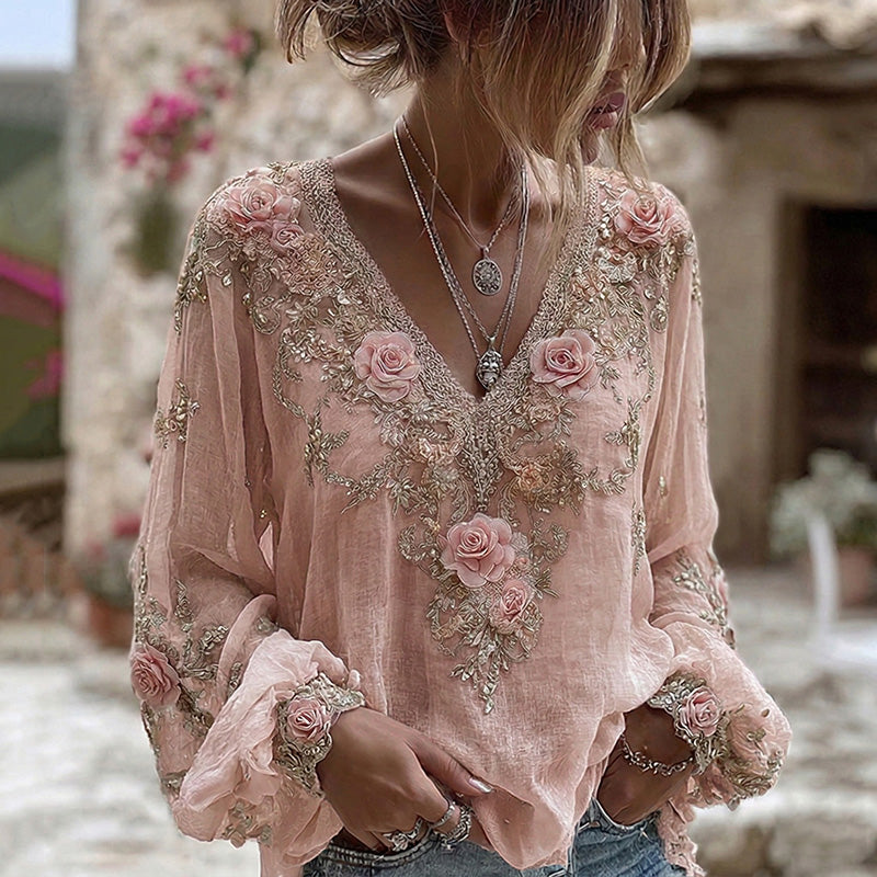 Women's Vintage Pink Rose Embroidered Art V-neck Long Sleeve Blouse