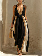 Black & Beige Color-Block Linen-Cotton Deep V-Neck Drawstring Maxi Dress