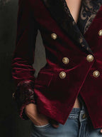 Burgundy Velvet Blazer With Printed Lapel And Cuffs