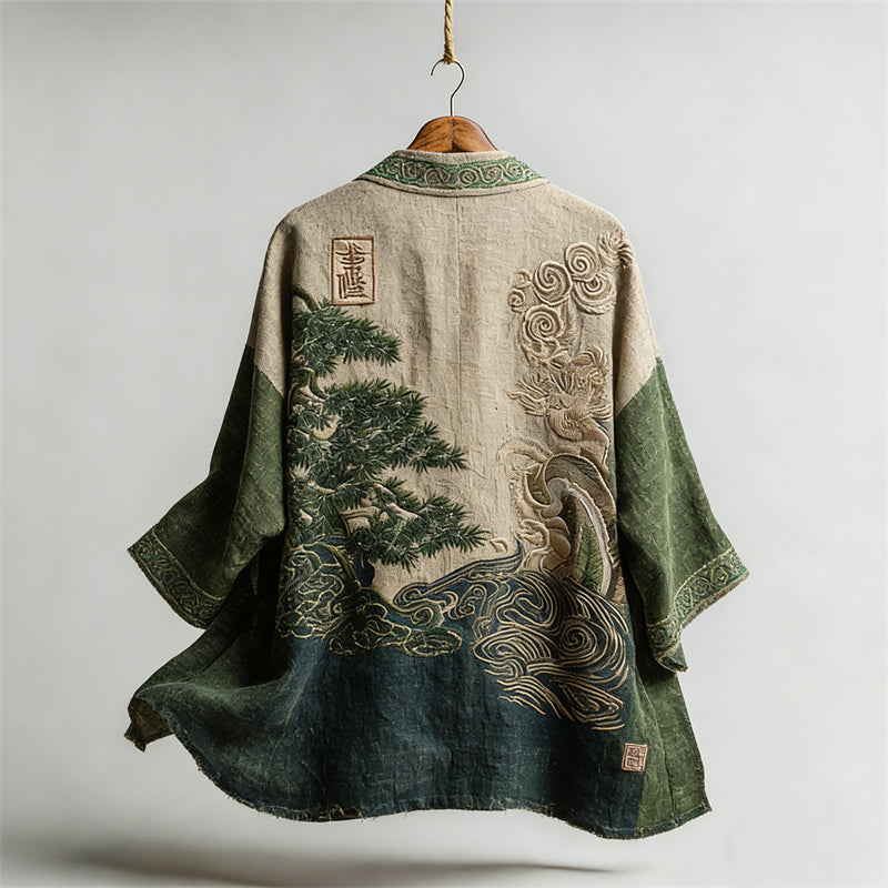Japanese Pine Trees Sea Waves Contrast Linen Kimono